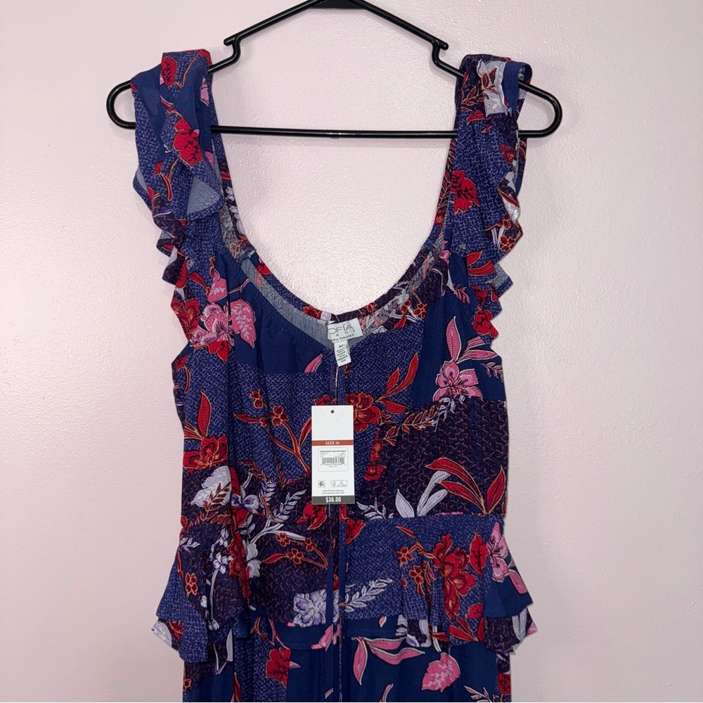 NWT, Blue With Floral Print Ruffle Sleeve Dress